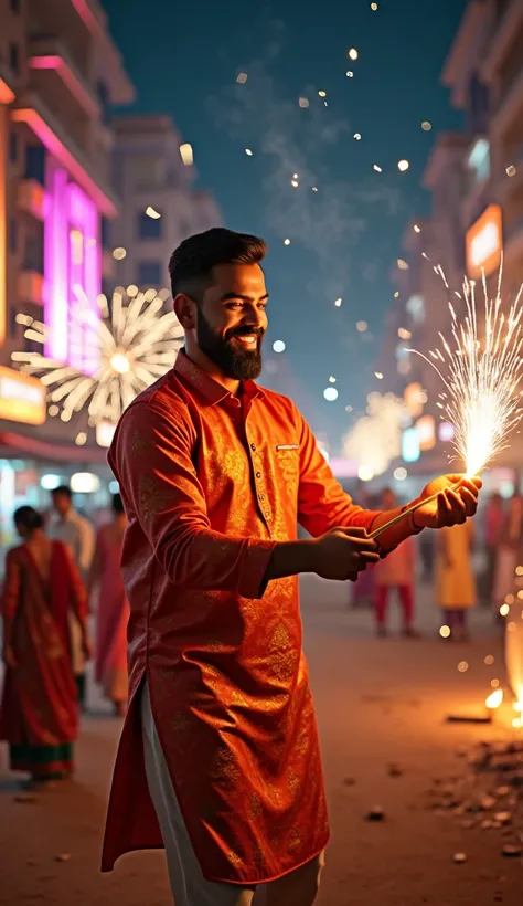 Indian cricketer Virat Kohli,Prompt: "Create a 3D hyper-realistic ultra HD motion video of Virat Kohli, capturing his facial features and expressions with ultra-realistic detail, joyfully celebrating Diwali in a vibrant city setting. Kohli, wearing colorfu...