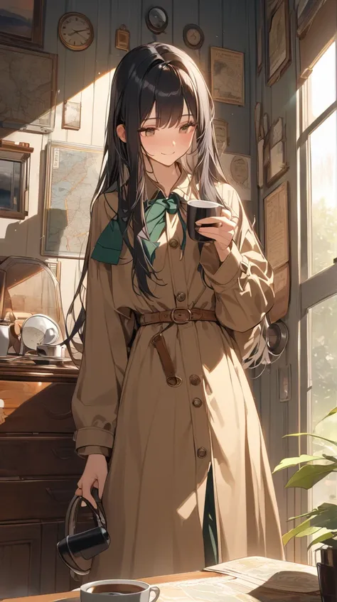 One Girl、Gentle smile、Soft Eyes、Long Hair、 Retro Detective Outfit 、 relaxed posture 、Small breasts、 Holding a coffee cup in hand、  
break、  
Twilight Light、（ soft highlights :1.3）、Warm shades、 relaxed vibe、Detective Spirit 、 Artistic Touch 、Moment of Peace...