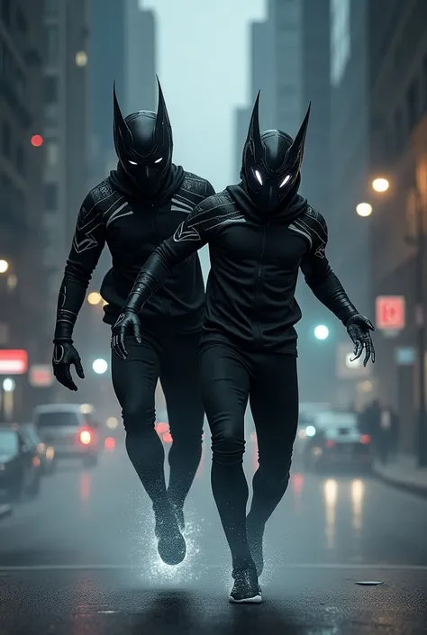 Twin brothers using teleport power with a black and white costume in vibe design Mix with nightcrawler costume with mask