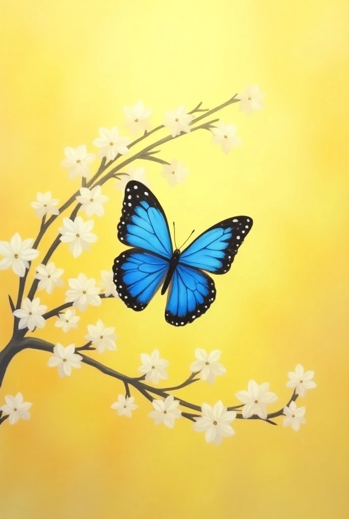  a detailed painting of branches with white flowers and a blue butterfly with black wings . O fundo é de um amarelo golden,  giving a beautiful contrast with the flowers and the butterfly .  The aesthetic recalls an impressionist painting style ,  visible ...