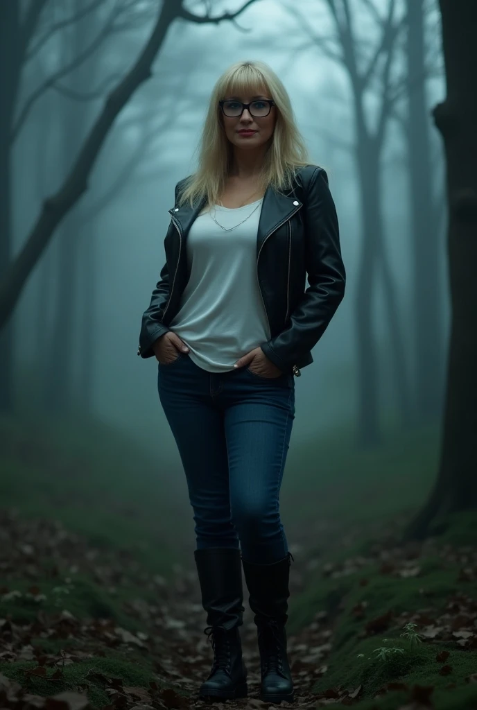 50 years old, beautiful older woman, bright blue eyes, straight long blonde hair with bangs. 
Very large breasts, curvy hourglass figure. Flowy white top, skinny jeans, black leather jacket, tall combat boots. Black rimmed rectanglular glasses. 
Standing i...