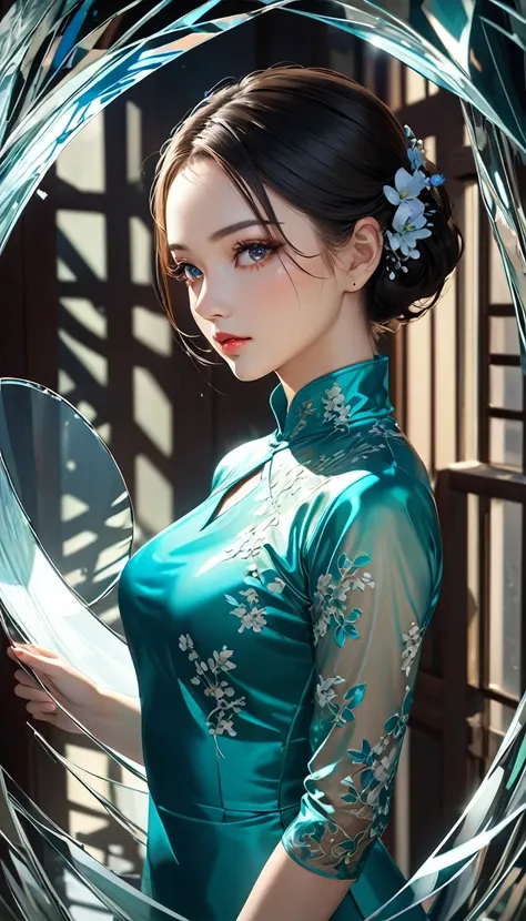 real cool beauty, glossy silky hair, forehead, amorous expression, cortesy, elegance, dignity, captivating eyes, curvaceous, wearing gorgeous Ao Dai, background shattered glass, various effects, delicate and dynamic textures, contrasts of light and shadow,...