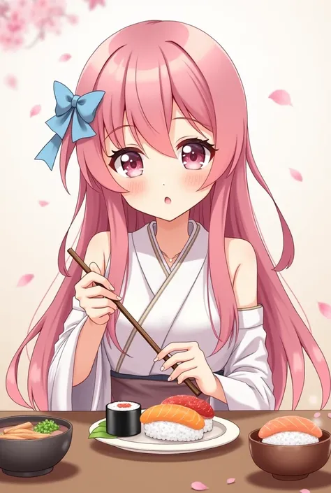 Cute anime girl eating Sushi using chopstick