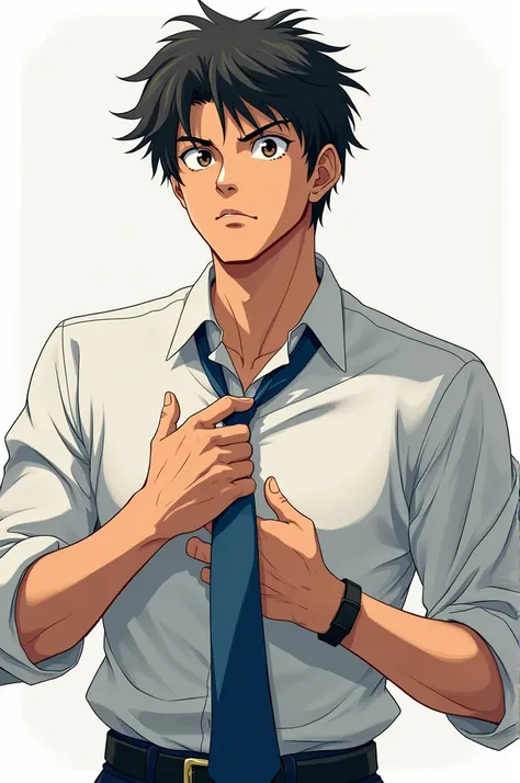 Man removing a neck tie half body only and in anime style
