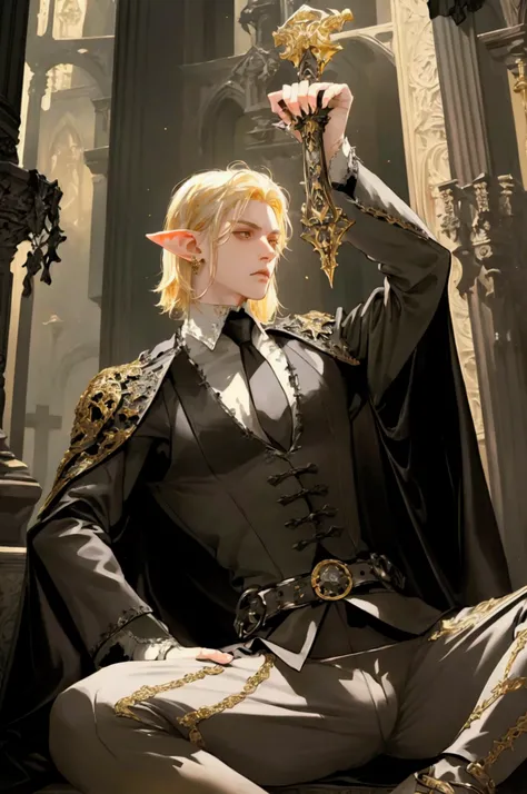 Best quality, (large bulge), Big Balls, ((Spread Legs & Jumping)), (He is Holding up a ceremonial sword), Chuckles, Church, 1boy, ((Male)), Wild, Young Male Elf-Vampire, Full Body Viewing, White Skinny Panty as Mesh, Belligerent, tense atmosphere, Flowers,...