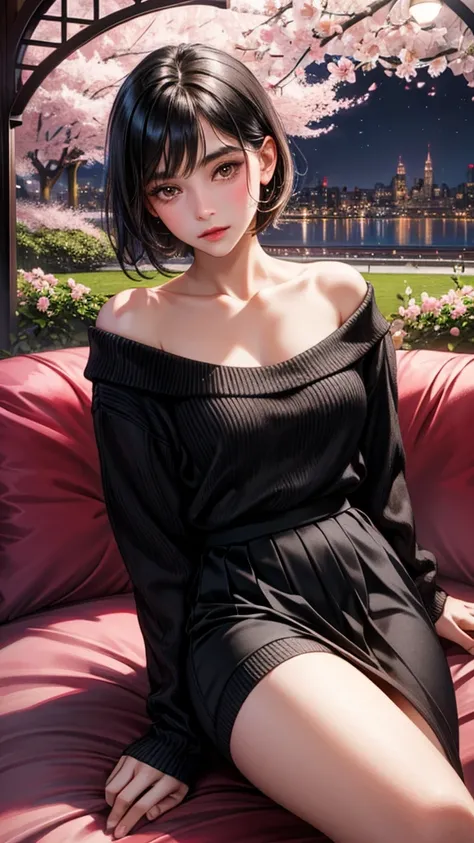 A Beautiful young girl,Private room with no one, black hair shorthair, Brown eyes, ​masterpiece, more absurd, Night, beautiful and detailed face, Looking at Viewer, loose long sleeve sweater 　cherry blossoms　garden