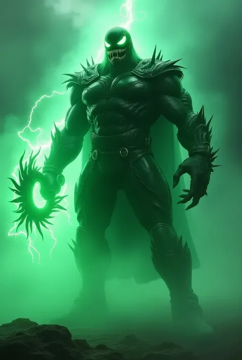 "Create a dramatic image of a hybrid creature that combines the features of Thor and Venom, depicted as a nuclear mutant. This creature should have a muscular, imposing form covered in a dark, glossy skin that radiates a luminous green glow. Its eyes shoul...