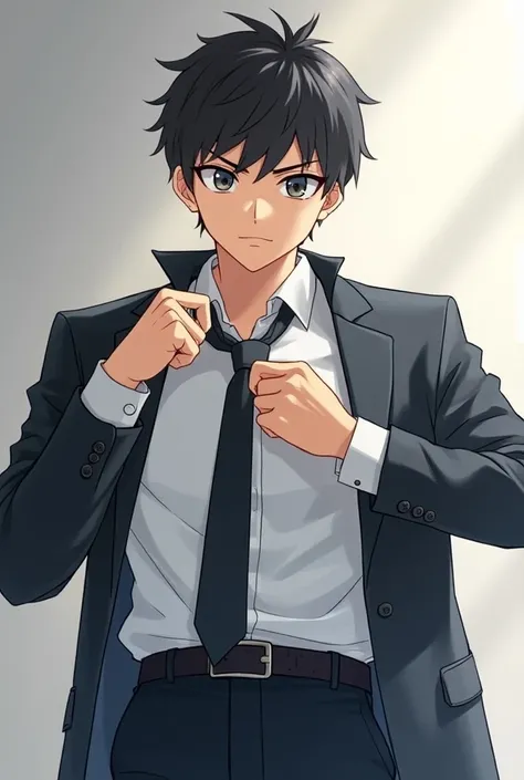 Man removing a neck tie only and in anime style
