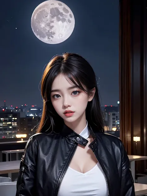 Full moon on the roof of a building。Under the moonlight。  black jacket  。  white shirt 。Blue Denim。Beautiful woman。