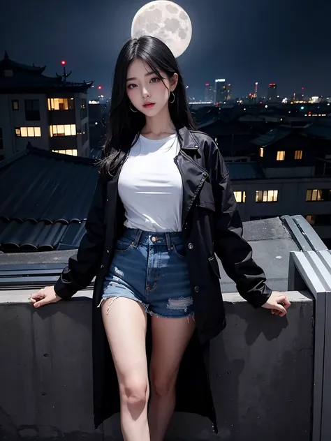 Full moon on the roof of a building。Under the moonlight。  black jacket  。  white shirt 。Blue Denim。Beautiful woman。