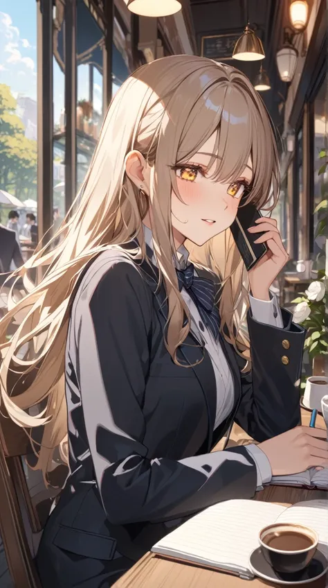 One Girl、Calm expression、Sparkling Eyes、Long Hair、 Formal Detective Suit、Small breasts、 Holding a notebook 、  
break、  
Daylight、（Warm tones:1.4）、Bright colors、Intellectual atmosphere、Analytical Senses 、An enchanting space、Delicate Highlights 、  
break、  
...