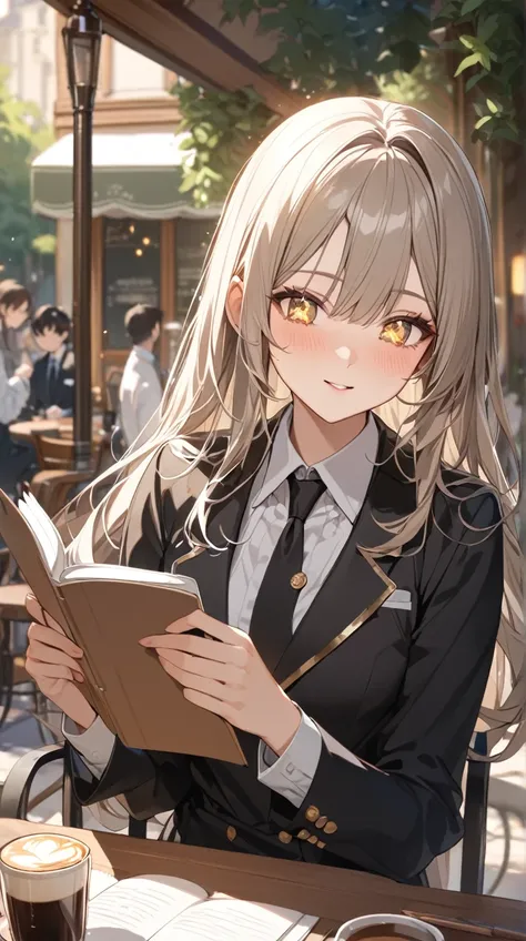 One Girl、Calm expression、Sparkling Eyes、Long Hair、 Formal Detective Suit、Small breasts、 Holding a notebook 、  
break、  
Daylight、（Warm tones:1.4）、Bright colors、Intellectual atmosphere、Analytical Senses 、An enchanting space、Delicate Highlights 、  
break、  
...