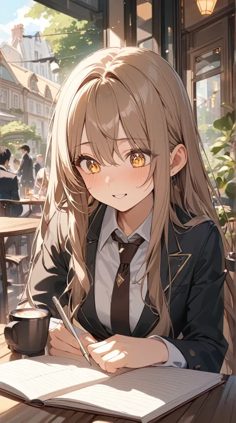 One Girl、Calm expression、Sparkling Eyes、Long Hair、 Formal Detective Suit、Small breasts、 Holding a notebook 、  
break、  
Daylight、（Warm tones:1.4）、Bright colors、Intellectual atmosphere、Analytical Senses 、An enchanting space、Delicate Highlights 、  
break、  
...