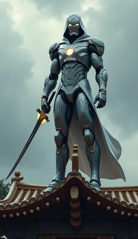 Iron Man in Ninja Suit Holding Sword Standing on a Temple
