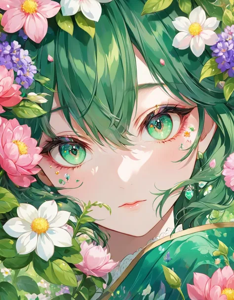 a close up of a persons face surrounded by flowers, pinterest anime, anime nature, very detailed emerald green eyes, beautiful anime portrait, beautiful and detailed eyes, anime nature wallpap, stunning anime face portrait, anime picture, beautiful anime s...