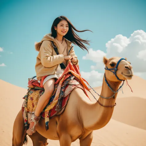 A photo of an adult East-Asian woman smiling while riding on the back of a a camel in desert , in a playful and cheerful setting. The woman looks happy and is sitting comfortably on the creature, with a vibrant background reminiscent of a fantasy world