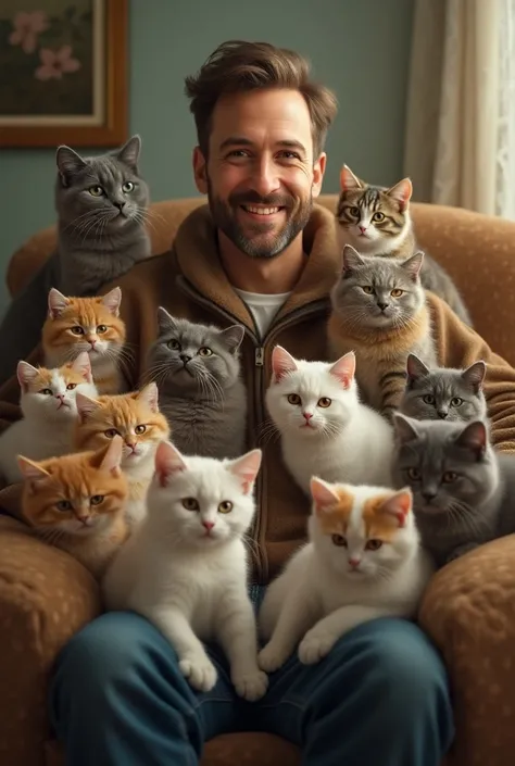 A  man with a lot of cats