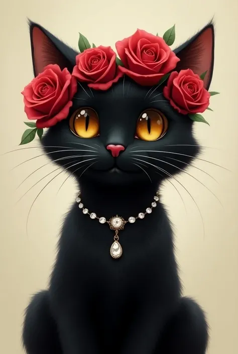 Create a cute black cat picture with yellow eyes, red roses on the cats head, clear with a simple diamond necklace