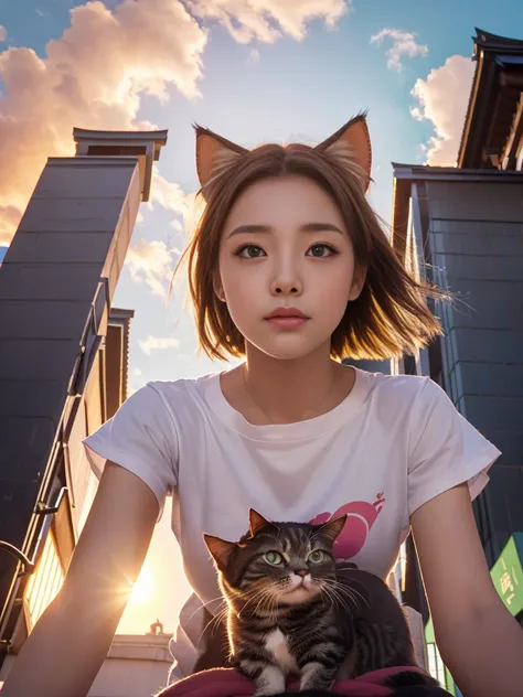 4K.HD. (Masterpiece, Best Quality, ) ,bokeh, a girl, Light brown beautiful hair, Light brown eyes, Plump breast, Blushed face, (cat ear:1.2), colourful t-shirt,  (Japanese idle:1.6), Looking at the viewer, (background is sunset wall street:1.4), (From belo...