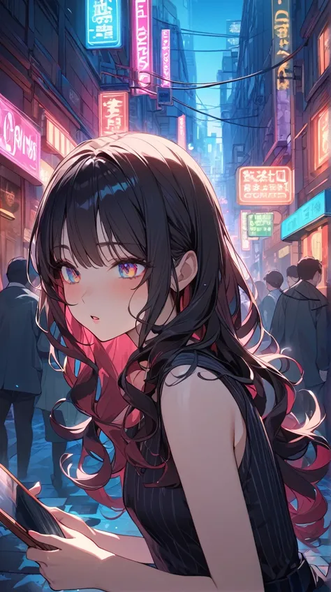 One Girl、Thoughtful expression、Deep Eyes、Long Curly Hair、 Casual Detective Attire 、Small breasts、 Holding Samples of Evidence in Their Hands、  
break、  
Night City、（ Vivid Hues :1.3）、Neon Light、 Vibrant Atmosphere 、 Mysterious Senses 、 Artistic Details 、Fu...