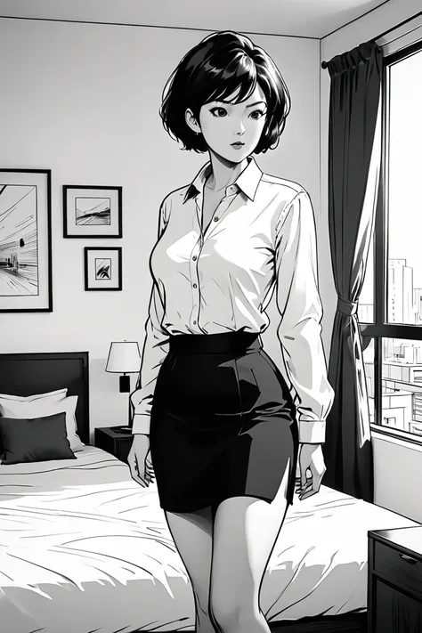 masterpiece, best quality, manga style, line drawing, monochrome, high contrast, solid black, dynamic shadows, one sexy woman, s...