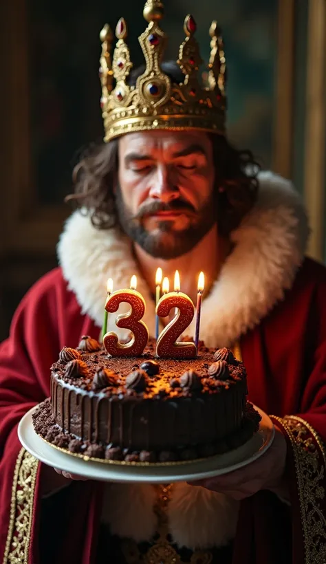 a , king, holding a chocolate birthday cake ,  with the number 32 candles with her mouth open and eyes closed, seen from above