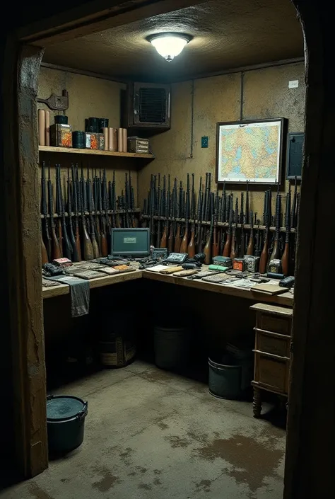 Very much realistic underground safe house of a secrete spy agent , guns and alot of condoms , old and dark and big room 