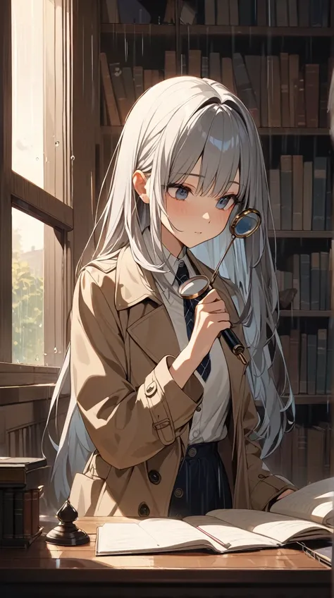 One Girl、 sharp eyesight 、 Curious Expression 、 long straight hair 、 Wearing a Trench Coat、 Graceful Posture、Small breasts、 Holding a Magnifying Glass in Her Hand 、  
break、  
Twilight、（Mysterious Light:1.2）、 Shades of Monotone 、 Tense Atmosphere 、Detectiv...