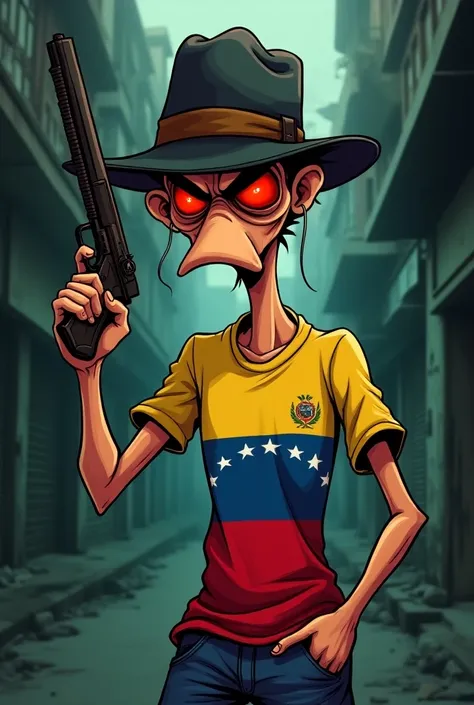 Create a cartoon bet   ,  skinny red-eyed crook with a firearm and a Venezuelan flag t-shirt 