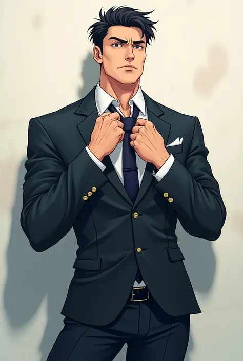 Anime style drawing of a man on a suit removing his neck tie with the whole body shown