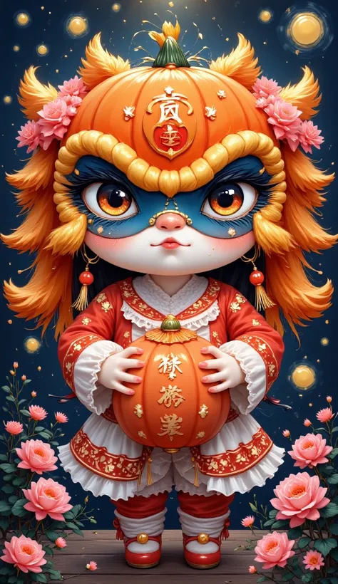 Large Peking Opera facial mask pattern background,simple atmosphere,funny pumpkin lantern carved lion headdress dress up,Chinese beautiful girl,cute and cute,girl Peking Opera facial makeup style,naughty and funny posture,small gourd waist hanging around t...