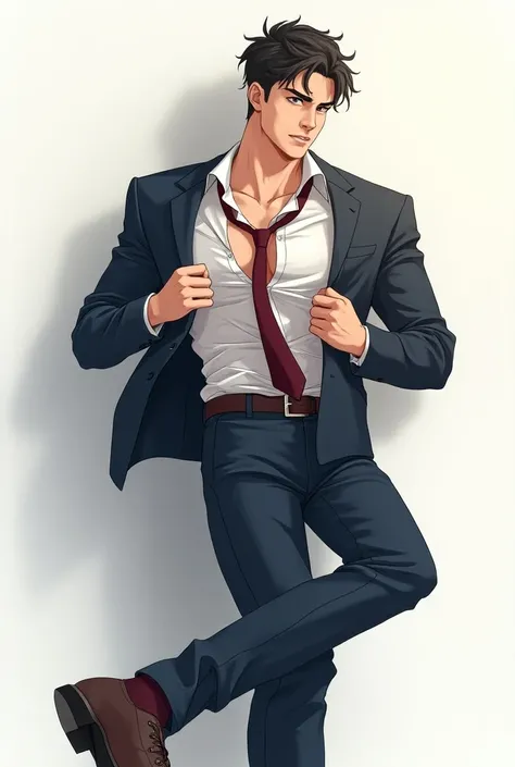 Anime style drawing of a man on a suit removing his neck tie to undress with the whole body shown