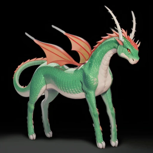 
 has horns growing from the head 、 manes 、Long neck,Short-legged dragons,
 is slender overall, 、Has 2 long whiskers 。
The four legs are beautifully arranged 、 convey an overall balanced and natural appearance 。 A long-tailed creature with a long, graceful...