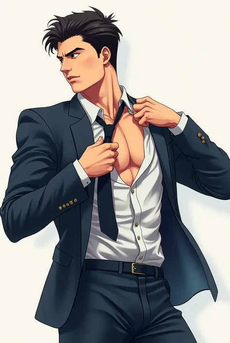 Anime style drawing of a man on a suit removing his neck tie to undress with the whole body shown