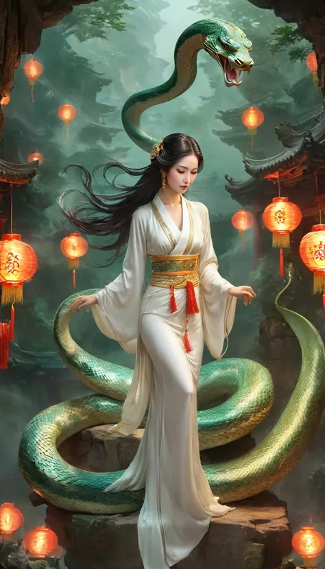 Bai Niangzi, the captivating snake spirit, is an otherworldly being with the body of a serpent and the face of a stunningly beautiful woman. Her long, serpentine tail coils elegantly behind her, its smooth scales reflecting the moonlight like liquid silver...