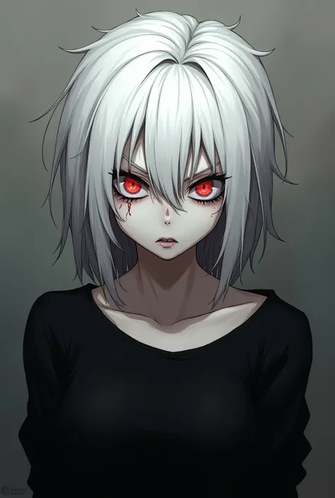 A White Haired Maniac 18 Year Old Teenager，A crazy 18 year old teenager with a pair of red eyes ，Anime style wearing a black top 