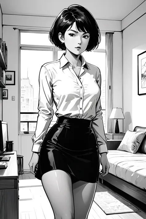 masterpiece, best quality, manga style, line drawing, monochrome, high contrast, solid black, dynamic shadows, one sexy woman, s...