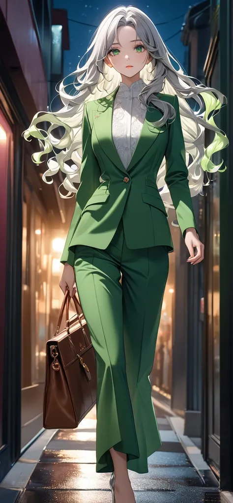 Ultra high resolution, rich colors, perfect Ultra high resolution, rich colors, perfect image, top quality, detailed image, beautiful woman, glowing skin, texture of skin and clothes, delicate eyes, night, green pantsuit, heels, bag, on the way home, (((si...