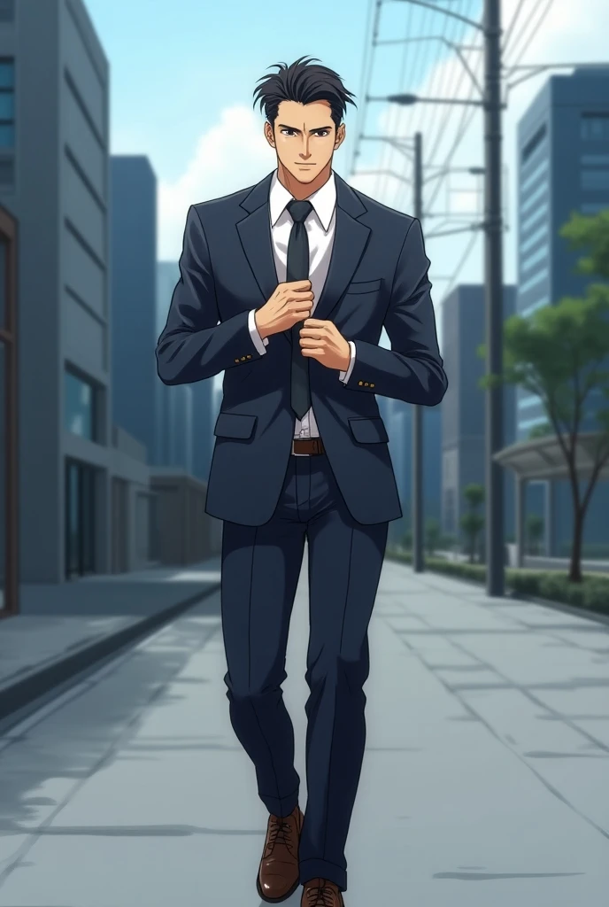 Anime style drawing of a man on a suit removing his neck tie while walking
