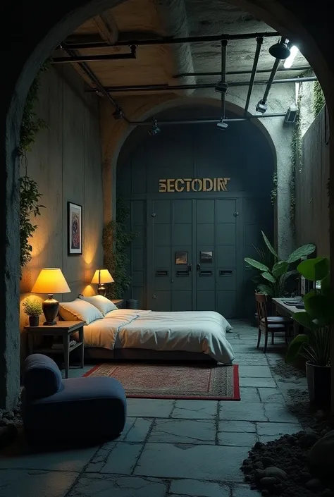 Very much realistic underground safe house of a secrete spy agent , big bed, guns, knifes