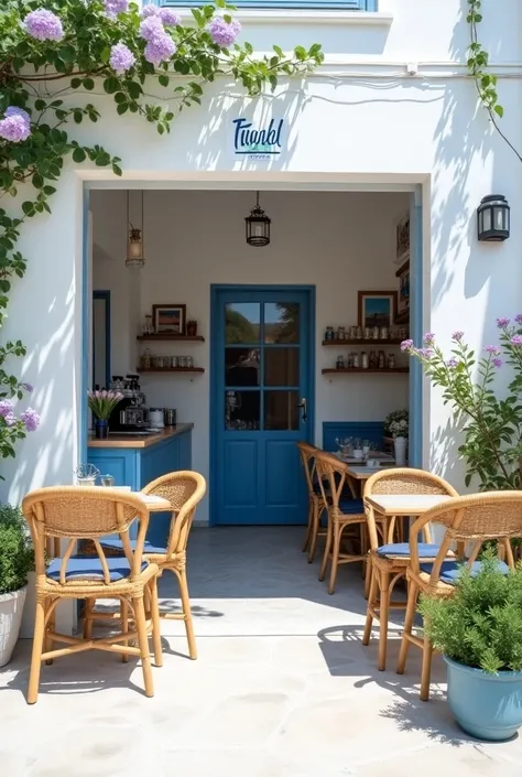 The mini cafe has a white facade with blue details., like in the typical houses of the Mediterranean coast. at the entrance, There are pots with lavender and bougainvillea plants. inside, White and blue tones predominate, with touches of light wood. There ...