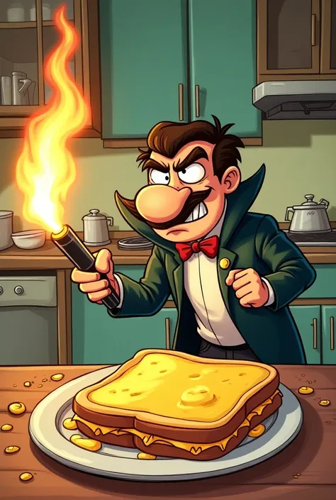 A cartoon with a villain with a blow torch who grills cheese 
