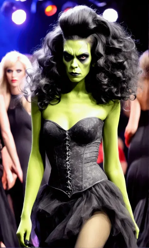 A spooky Halloween fashion show, cute model (age 25, cute, sexy spooky monster costume (ghost, frankenstein, dracula, etc) )does a sexy model walk down the runway, , halloween monster crowd
