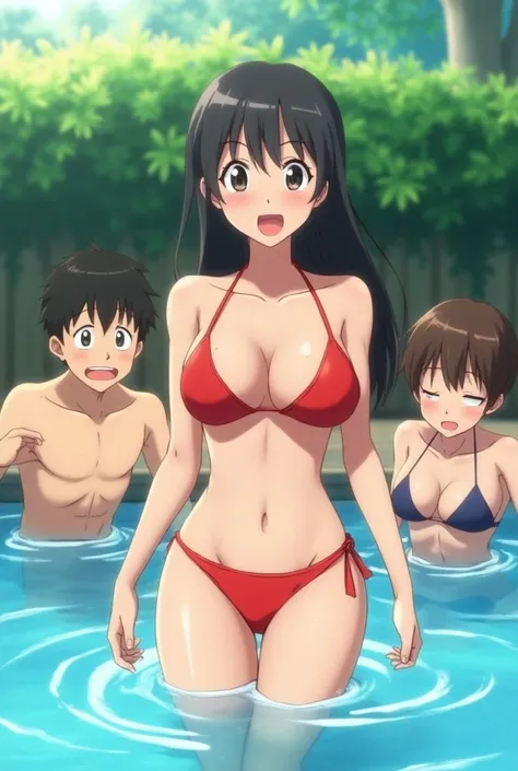 In Doraemon series, Shizuka wears red bikini with large breast and plays with teenage boys in water pool.