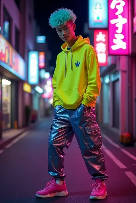 A photography of a handsome japanese man wearing Neon yellow Sports Hoodie and shiny iridescent long cargo pants, neon pink sneakers. smirking face. gouache Neon blue curly short hair. Posing like a professional model. At the street lane. Striking neon glo...