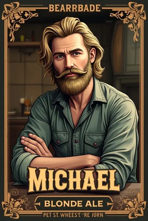 Michaels, homebrew, beer label, blonde hair, beard