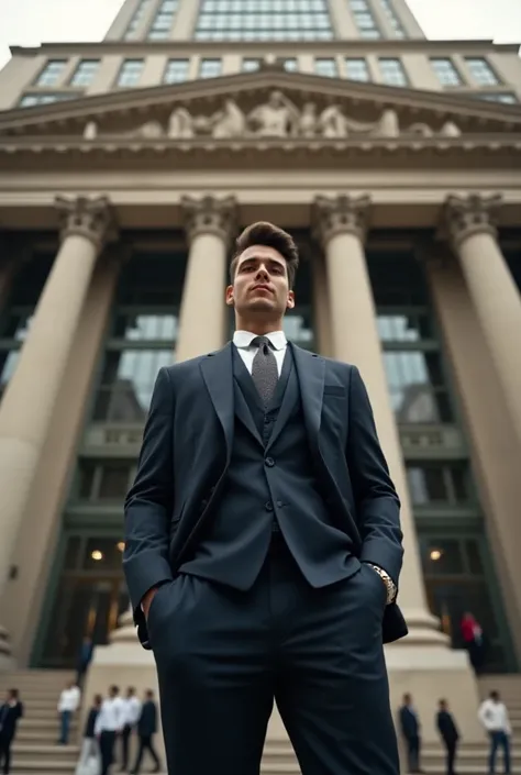 A rich young man in front of a bank 