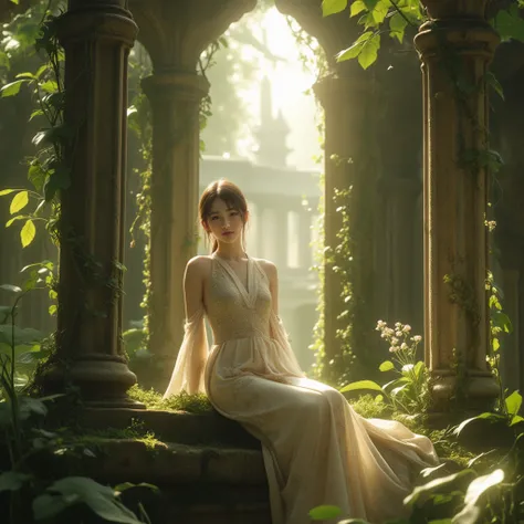 A serene slender asian woman sits gracefully amidst the overgrown ruins of an ancient structure. Her long, flowing dress, adorned with subtle floral patterns, drapes over the moss-covered stone she rests on. Vines and wildflowers climb the worn, ivy-covere...