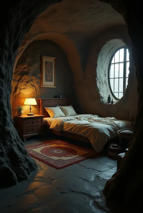 Very much realistic underground safe house of a secrete spy agent , big cozy bed, few guns, knifes