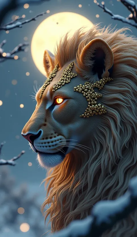 Close up, Macro head, 3D anime style aesthetic wallpaper, Side view of a lion hybrid, wearing golden armor, snow atmosfer, moon, night, tree branches, High quality, 3D anime art, Art station, Highly detailed, Aesthetic, Concept art, Very fine detail, Stunn...